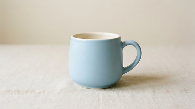 Blue ceramic coffee mug on light background.