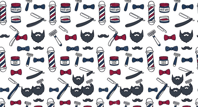 Barbershop seamless pattern vector background including barber pole straight razor shaving cream safety razor moustache beard and bowtie icons
