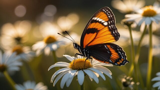 Vibrant orange butterfly perched on a daisy, surrounded by a sunlit meadow of flowers