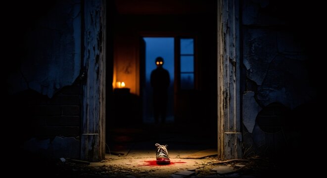 Dark silhouette of monster with glowing eyes appears in doorway, a bloody child shoe on abandoned floor. Horror, terrifying scenario, nightmare concept for Halloween.