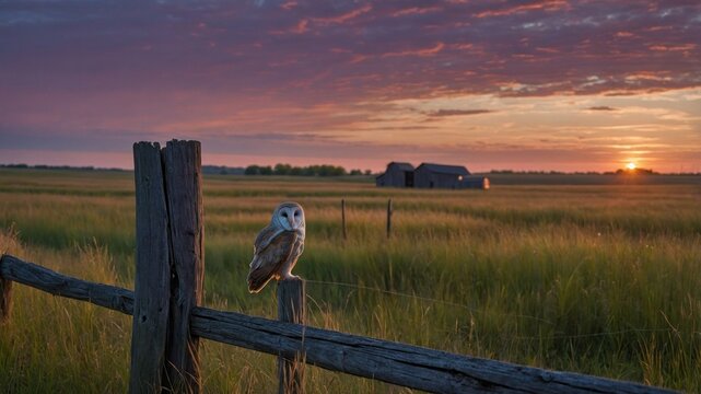 Majestic barn owl perched on a rustic fence at sunset, with a serene rural landscape in the background