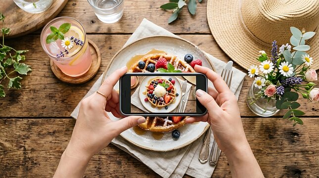 Overhead view of hands capturing a delicious waffle topped with fresh berries and ice cream on a rustic wooden table, perfect for food blogging and social media