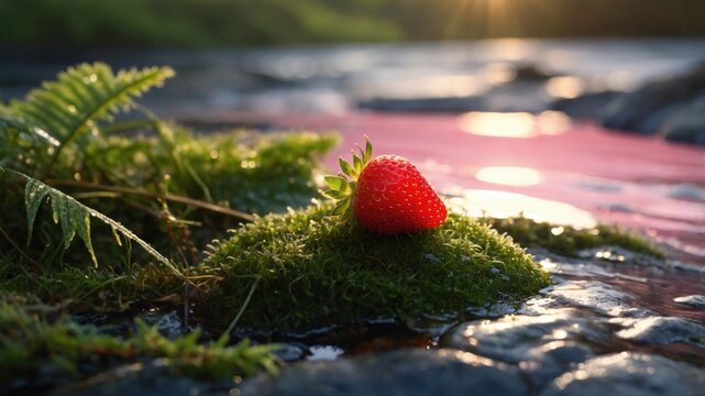 Fresh strawberry resting on moss by a serene river at sunset, capturing nature's beauty and tranquility