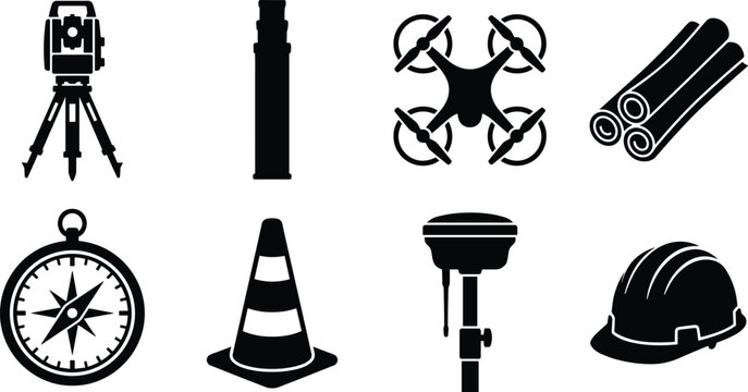 Professional land surveying and civil engineering icon set featuring total station drone blueprints and safety equipment