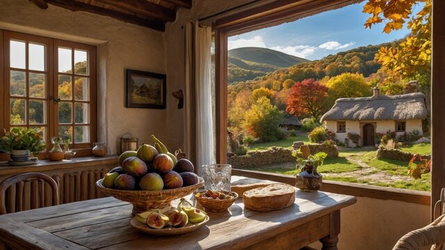 Cozy rustic kitchen with a wooden table filled with fresh fruits and a scenic autumn view outside