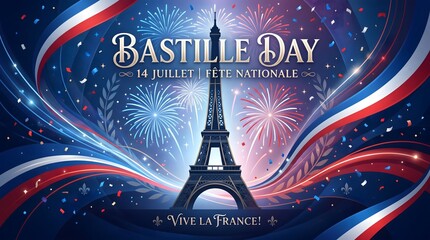 A festive and vibrant illustration celebrating Bastille Day (Fête Nationale) featuring the Eiffel Tower under a night sky filled with colorful fireworks