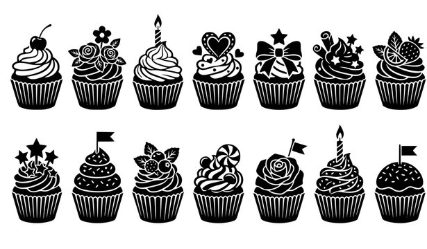 Cupcake Silhouette Icon Set with Decorated Sweet Muffins Featuring Candle, Cherry, Stars and Frosting for Bakery Designs