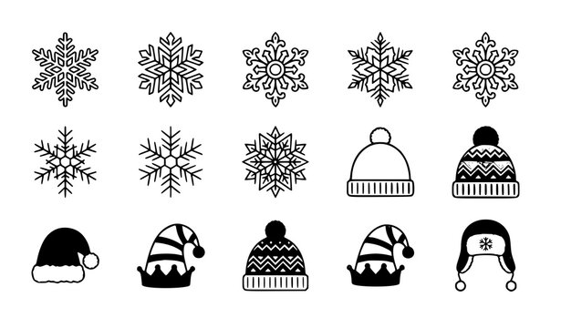 Christmas Winter Icon Collection with Snowflake Patterns and Festive Knitted Hats for Holiday Card and Seasonal Graphic Designs