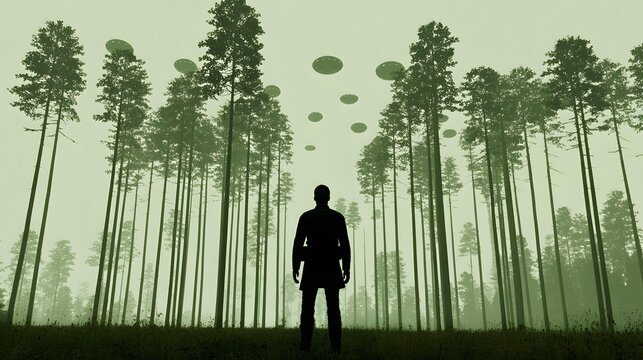 alien forest with towering bioluminescent plants and floating spores