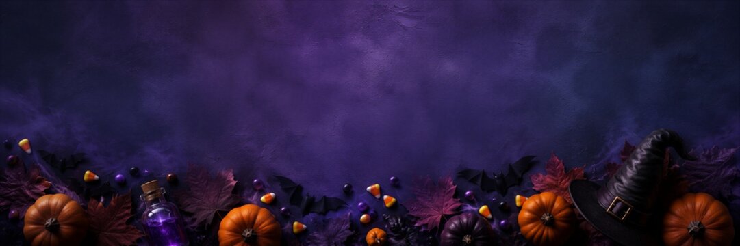 Halloween border with pumpkins, witch hat and magic potion. Autumn holiday background with candy corn, bats and fallen leaves. Spooky festive concept. banner format