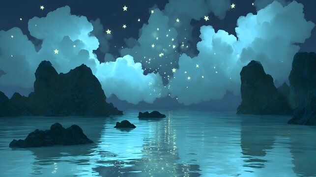 of clouds with islands drifting and glowing beneath starlight