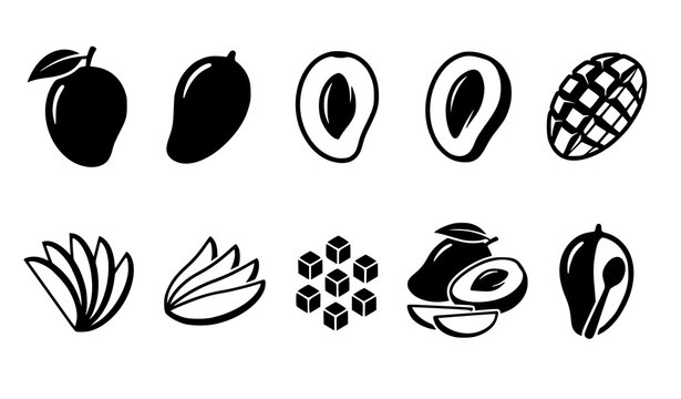 Mango Fruit Silhouette and Outline Icon Set Featuring Whole Slices Half Cut with Seed Cubes and Crosshatch Pattern for Food and Beverage Graphic Designs