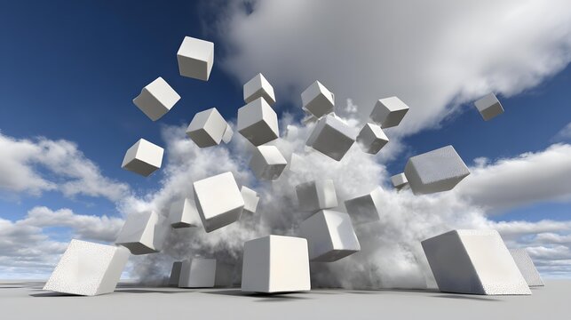 filled with floating cubes casting soft shadows on clouds