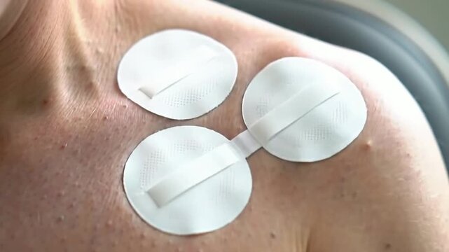 Macro Shot of Shoulder With Four Generic White TENS Unit Electrode Pads Applied for Pain Relief and Muscle Stimulation