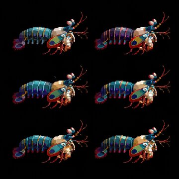Four pixel sprites of peacock mantis shrimp display different poses on a black background in a retro game style with 32x32 pixel resolution