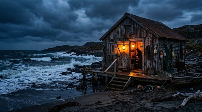 Weathered wooden coastal fishing shack on a beach illuminated by a glowing amber lantern under a moody stormy sky with crashing sea waves.