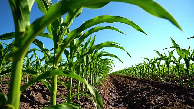 Young corn plants growing in a field.