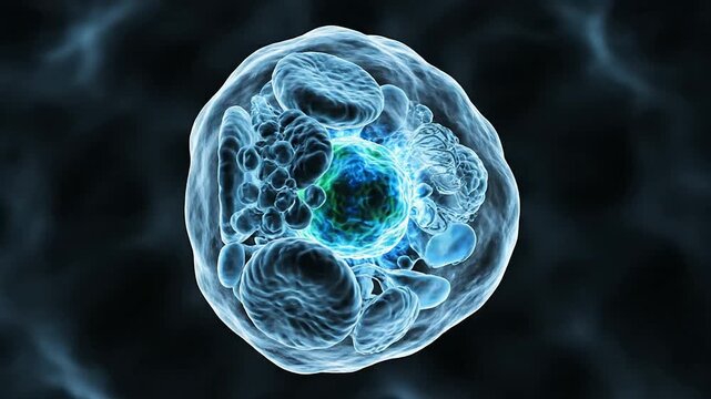 Microscopic CGI Depiction of a Stem Cell Differentiating with Internal Structures in a Rich Biological Environment for Scientific Exploration