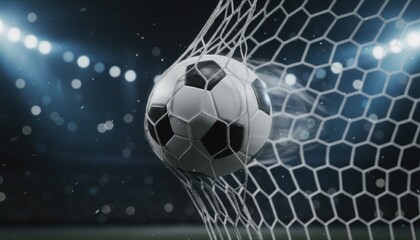 Fototapeta premium Soccer ball flying through the air strikes the back of a stadium goal net under bright stadium floodlights during a professional game