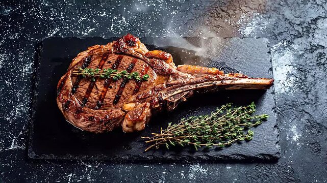 Grilled Tomahawk Steak with Herbs on Slate.