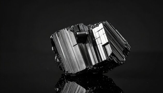 Dark metallic mineral crystal featuring prominent vertical striations and sharp angular edges isolated against a stark black background