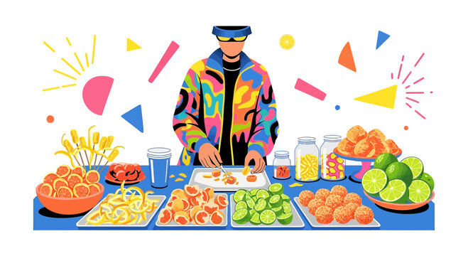 Man in VR headset preparing colorful snacks and fruits