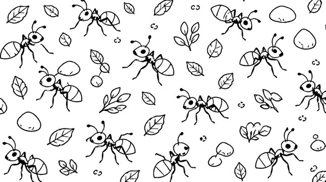 Detailed black and white ant and leaf illustration pattern.
