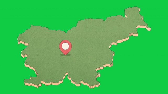 Animated Slovenia Map with Bouncing Location Marker on Ljubljana City, Transparent Background, Alpha Channel, 4K resolution