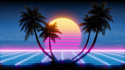 Fototapeta premium A vibrant AI generated commercial artwork depicts a retro futuristic neon sunset.