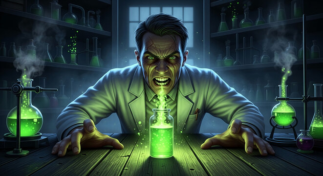 Scientist with glowing green potion in a lab, symbolizing dangerous experiment, mystery, and scientific discovery