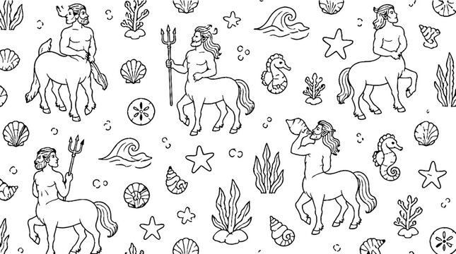Mythical sea creatures and zodiac symbols illustration.
