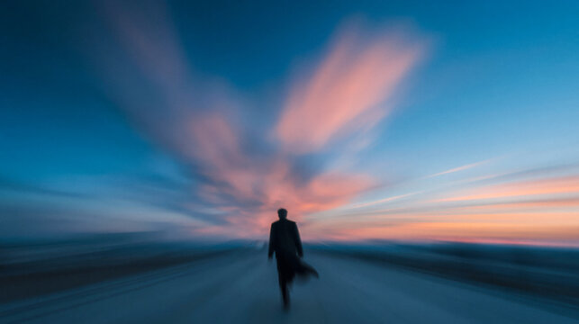 A solitary figure walks forward on a blurred road, heading towards a colorful sky. The minimalist composition shows a dynamic life journey unfolding at dawn.