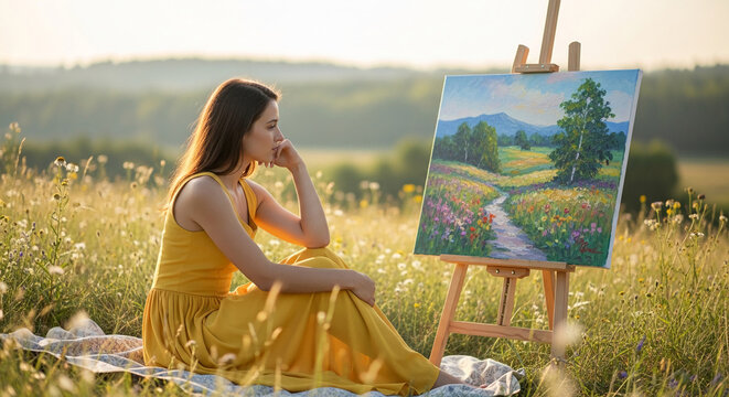 Woman in a yellow dress painting a landscape in a field of wildflowers, symbolizing creativity, nature, and inspiration.