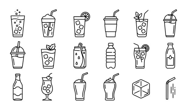 Modern cold beverage outline icons with iced coffee sparkling water and drink symbols