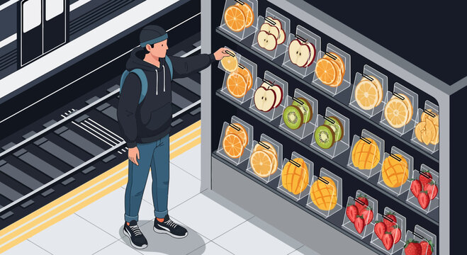 Man choosing fruit from vending machine at subway station