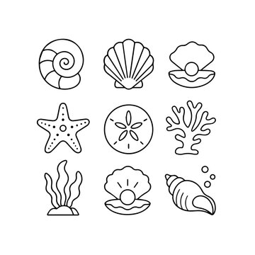 Sea Shell & Marine Elements Outline Icons Set With Seashell, Pearl Oyster, Starfish, Sand Dollar, Coral, Seaweed Line Vector Collection

