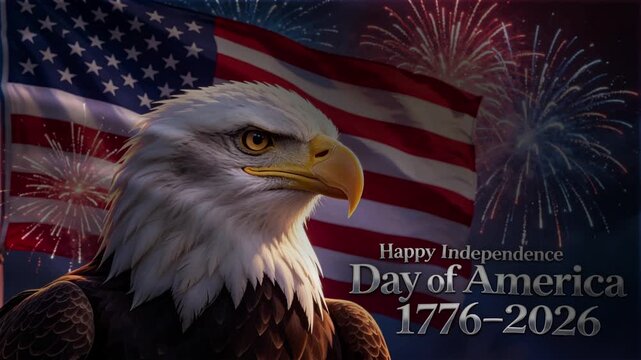 American Bald Eagle with US Flag and Fireworks, Happy Independence Day of America 1776-2026 Semiquincentennial 250th Anniversary Celebration Patriotic Background Loop for 4th of July Stock Video