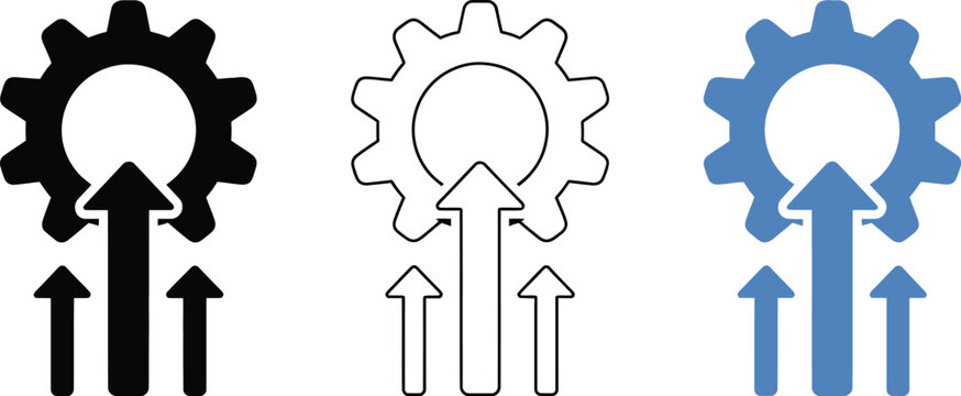 Gear with upward arrows icon set representing process growth, performance improvement, and business progress.