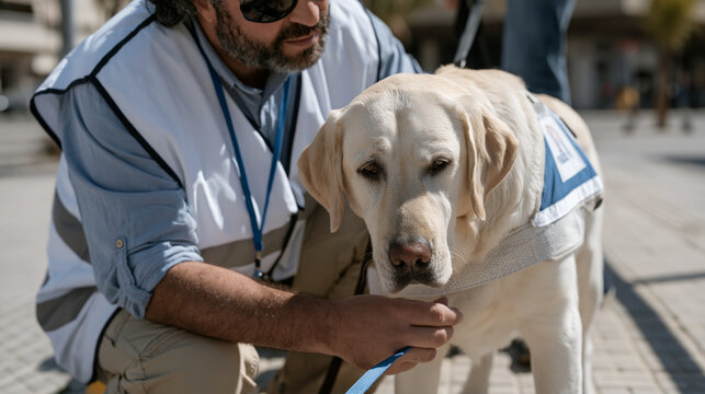Guide dog trainer in a reflective safety vest kneels on a sunlit pedestrian ramp, adjusting the padded harness on a focused Labrador while the visually impaired handler practices directional command
