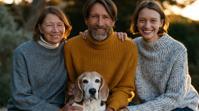 Three-generation family poses naturally in a backyard garden at golden hour, their elderly beagle seated in the center, each family member's hand resting on the dog in a portrait that quietly captur