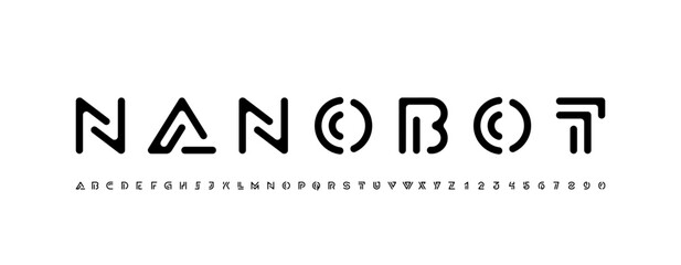 Logo font alphabet from segment rounded lines, technology letters A, B, C, D, E, F, G, H, I, J, K, L, M, N, O, P, Q, R, S, T, U, V, W, X, Y, Z and numerals 0, 1, 2, 3, 4, 5, 6, 7, 8, 9, vector illustr © marooshka