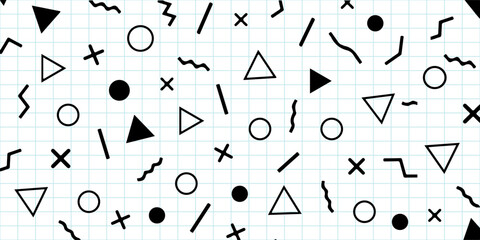 Abstract Memphis Style Seamless Pattern Vector Background. Black Geometric Shapes Doodle Elements Texture on Light Cyan Grid Graph Paper. Creative Layout Design for 80s 90s Retro Banner. © Hanofa Febriyanti