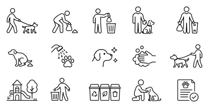 Dog Waste Cleanup Line Art Icon Set with Responsible Pet Ownership, Poop Bag and Park Hygiene