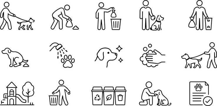 Dog Waste Cleanup Line Art Icon Set with Responsible Pet Ownership, Poop Bag and Park Hygiene