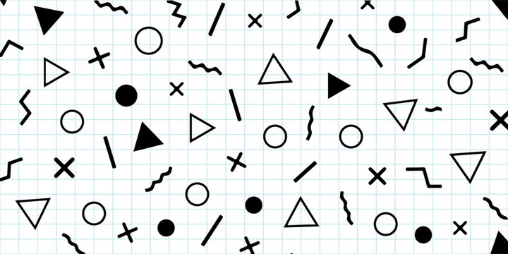 Abstract Memphis Style Seamless Pattern Vector Background. Black Geometric Shapes Doodle Elements Texture on Light Cyan Grid Graph Paper. Creative Layout Design for 80s 90s Retro Banner.
