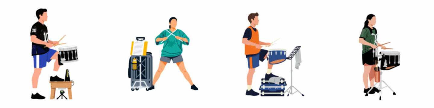 Flat vector illustration of various percussionists practicing their snare drum techniques with equipment like metronomes and music stands.