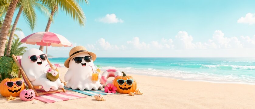 Vibrant summer halloween scene featuring playful ghosts pumpkins and a relaxing beach atmosphere for festive celebrations