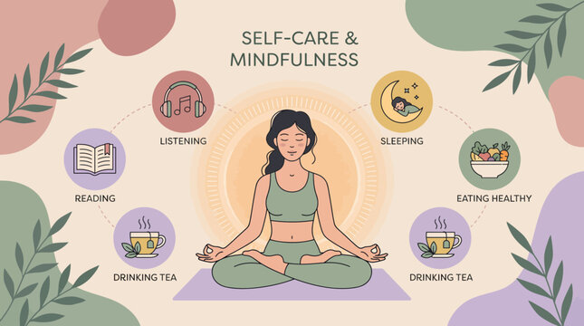 A serene woman meditating in lotus pose on a mat, surrounded by icons illustrating various self-care activities and abstract pastel shapes, symbolizing mental health and balanced lifestyle