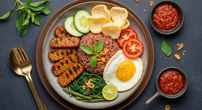 Traditional Indonesian Nasi Campur with Tempeh Fried Egg Sambal and Fresh Vegetables Top View