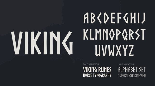 Digital graphic displaying a complete runic uppercase alphabet set in bold and light variations on a dark background, illustrating Norse typography and modern Scandinavian design